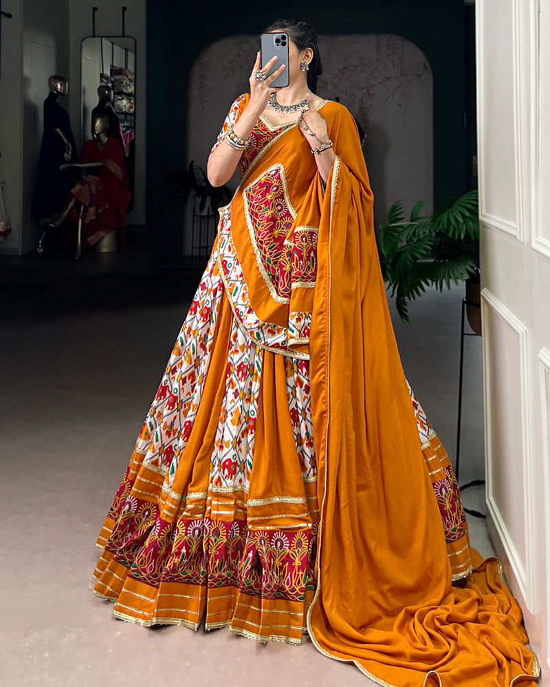 Mustard Color Pure Rayon Printed Silk Navratri Lehenga