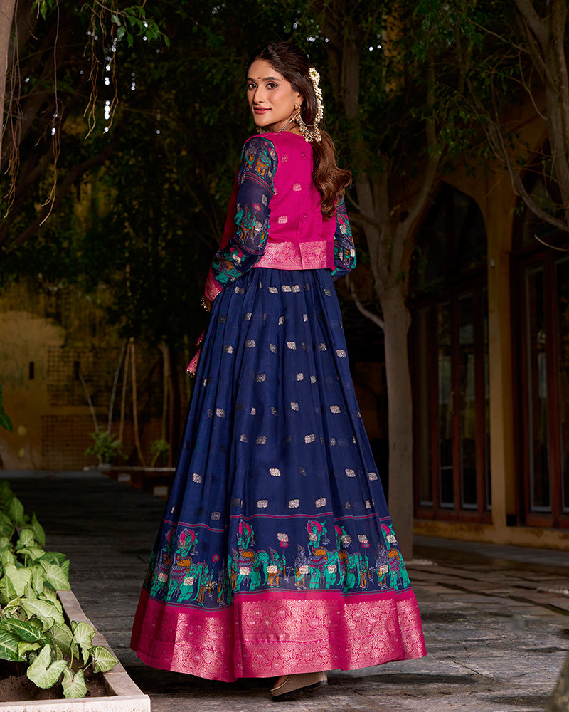 Elegant Navy Blue Color Poly Cotton Gown With koti