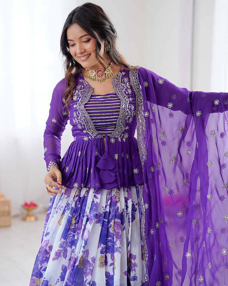 Purple Color Georgette Printed And Embroidered Lehenga Choli