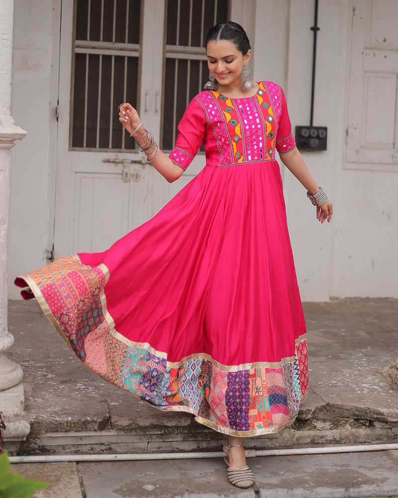 Colorful Border Pink Color Roman Silk Gamthi Work Navratri Gown