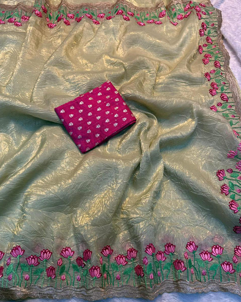 Parrot Green Color Chiffon Embroidered Saree