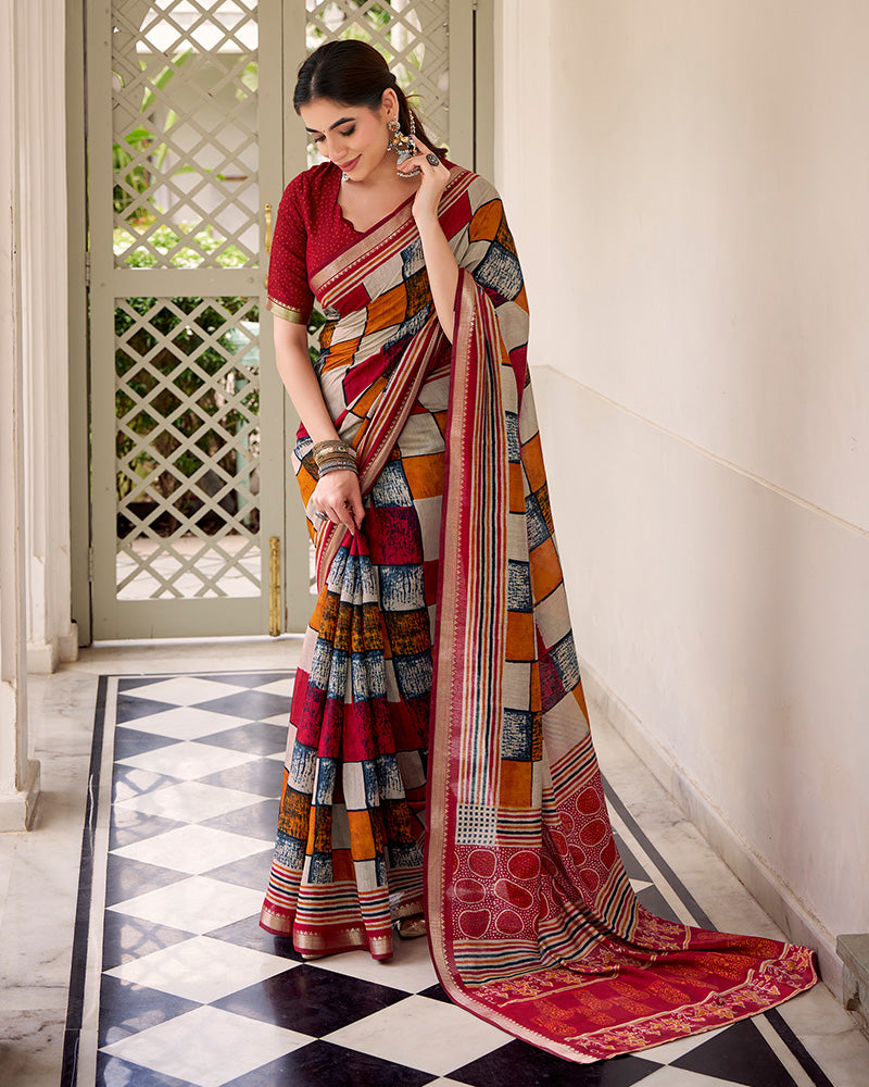 Maroon Color Polyester Chanderi Printed Saree