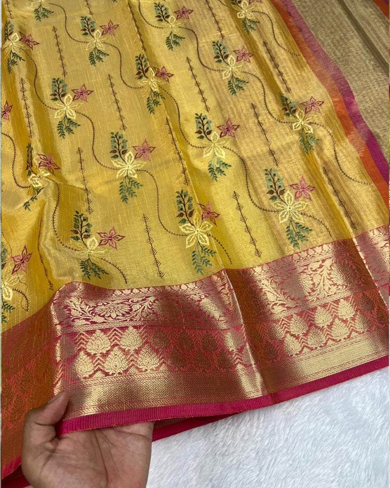 Yellow Color Tissue Silk Floral Embroidered Saree