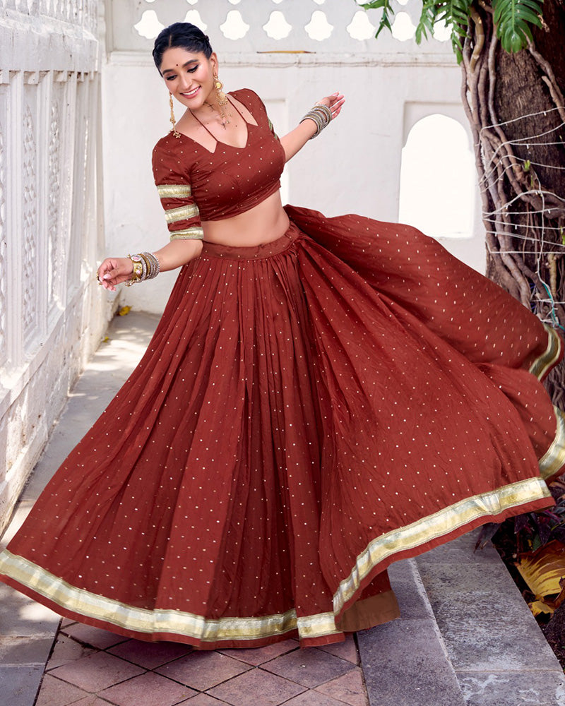 Classic Rust Orange Color Pure Chanderi Navratri Lehenga Choli