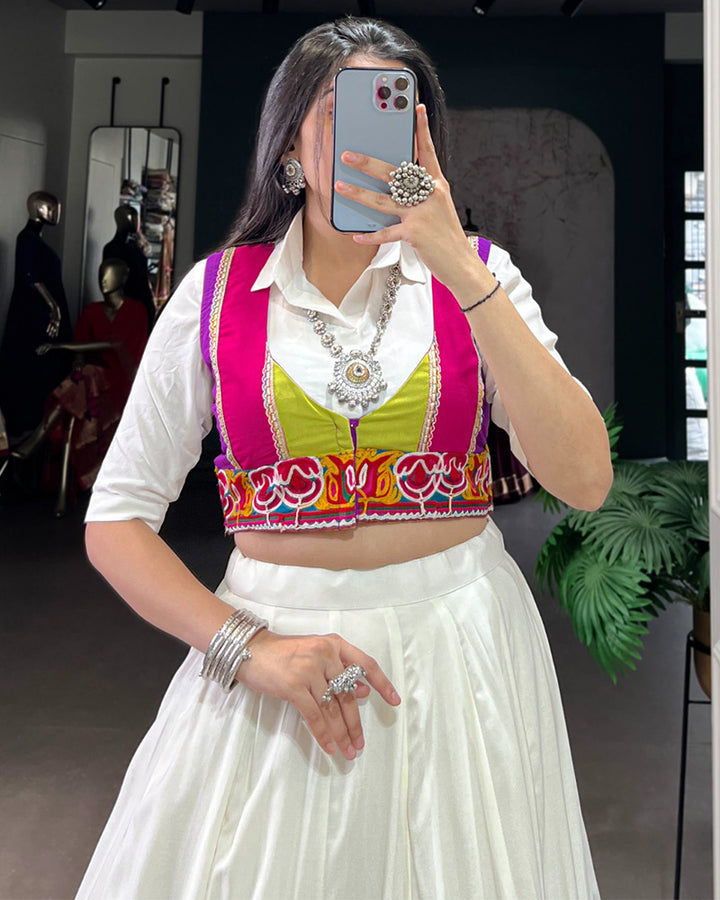 White Rayon Navratri Lehenga Choli WIth Multicolor Border