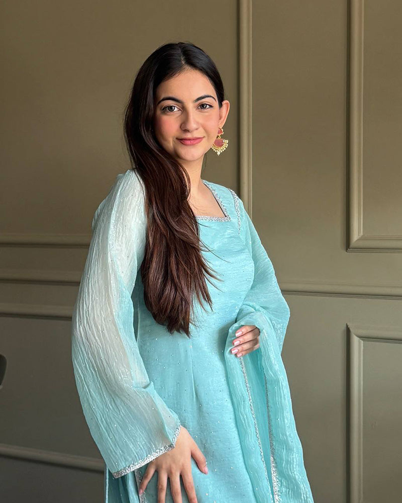 Sky Blue Color Crunchy Silk Farshi Suit