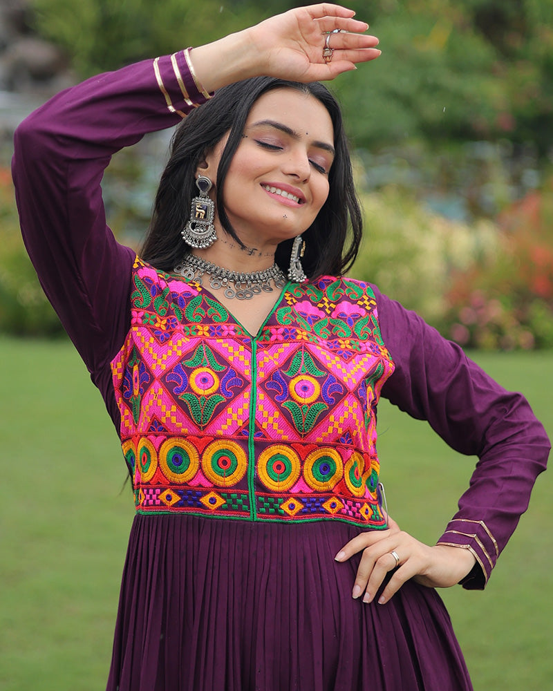 Traditional Wine Kutchi Embroidered Navratri Gown