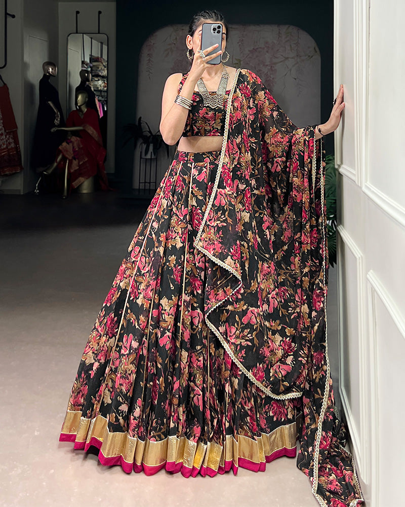 Black Color Chiffon Printed Lehenga Choli
