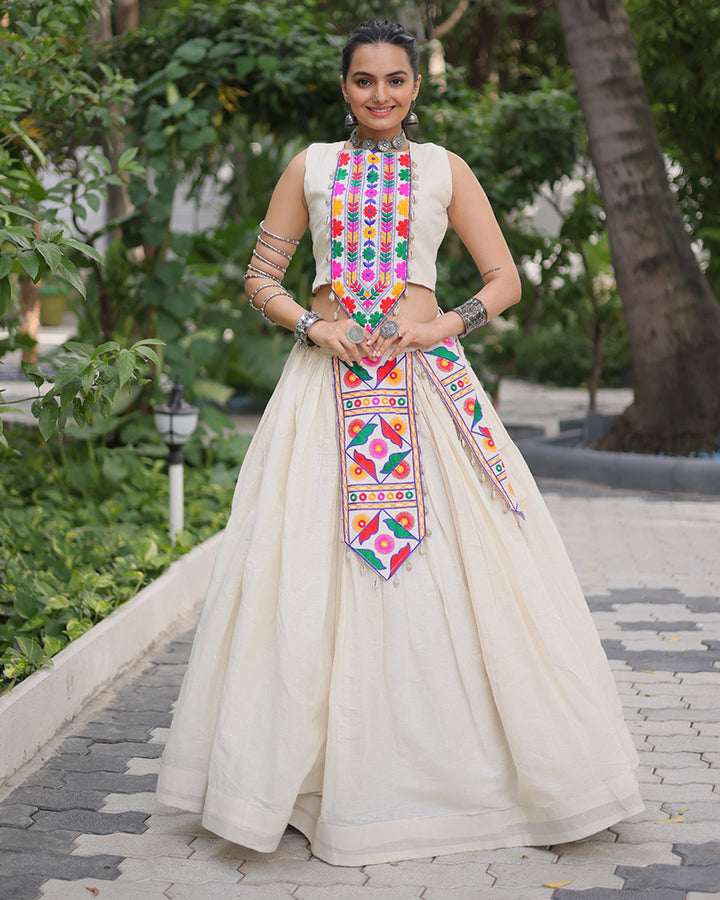 Off-White Color kora Cotton Gamthi Embroidered Navratri Lehenga Choli