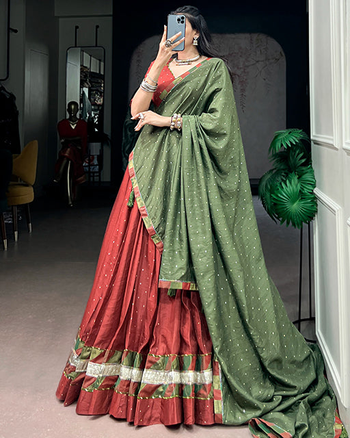 Rust Red Color Pure Chanderi Zari Weaving Half Saree