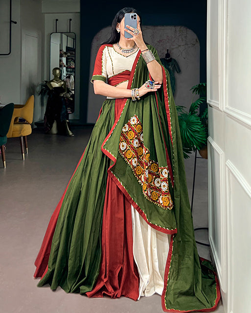 Traditional White And Maroon Color Cotton Navratri Lehenga Set