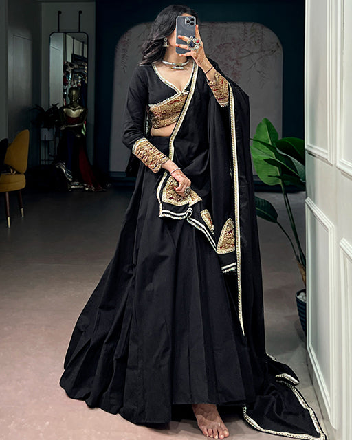 Black Color Khadi Cotton Thread Embroidered Navratri Lehenga Set