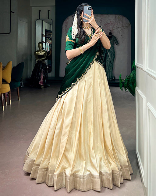 Off White Color Poly Kotha Zari Weaving Half Saree