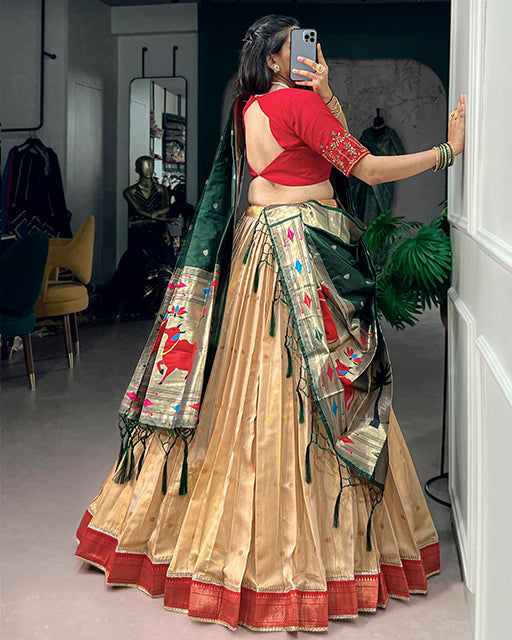 Green Color Paithani Kanchipuram Silk Zari Weaving Half Saree