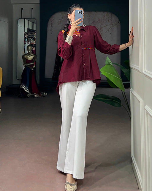 Maroon Color Chinon Navratri Shirt