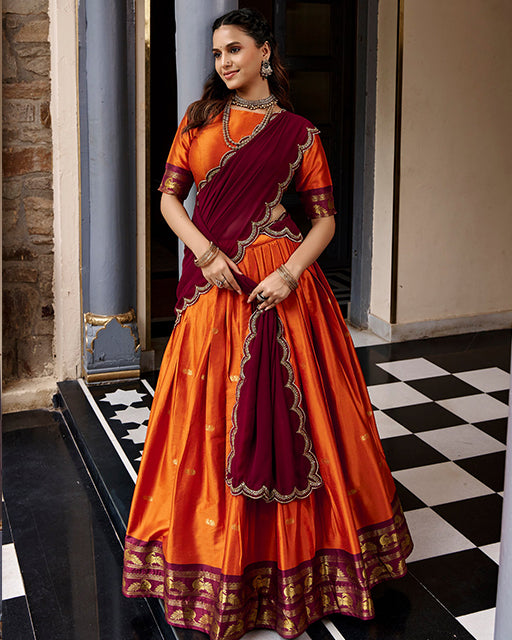 Orange Color Rich Cotton Zari Weaving Half Saree