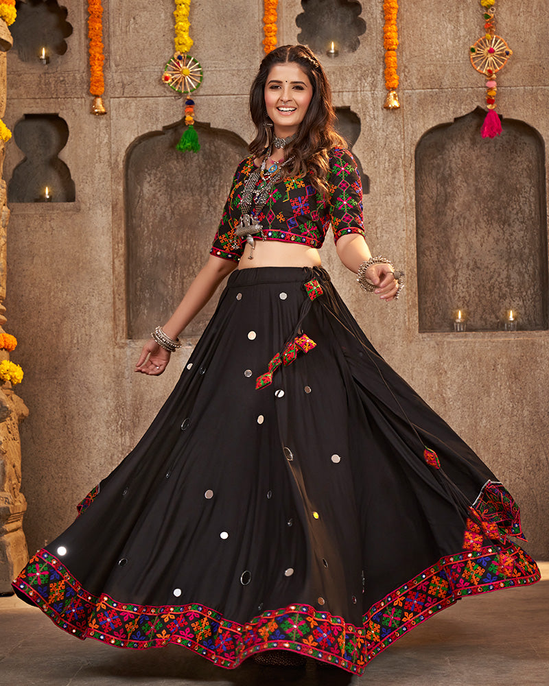 Black Color Viscose Rayon Thread With Mirror Work Navratri Lehenga Choli
