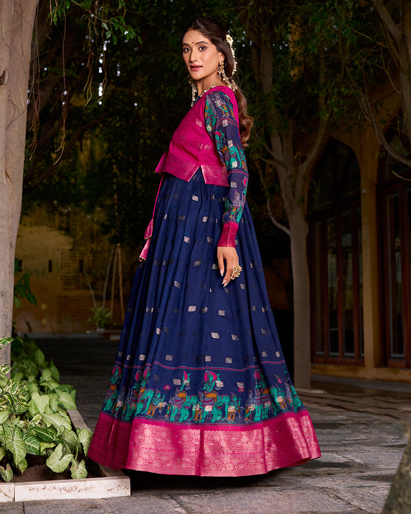 Elegant Navy Blue Color Poly Cotton Gown With koti