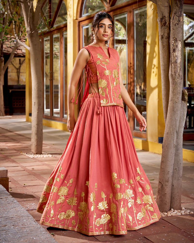 Peach Color Pure Shimmer Embroidered Lehenga Choli