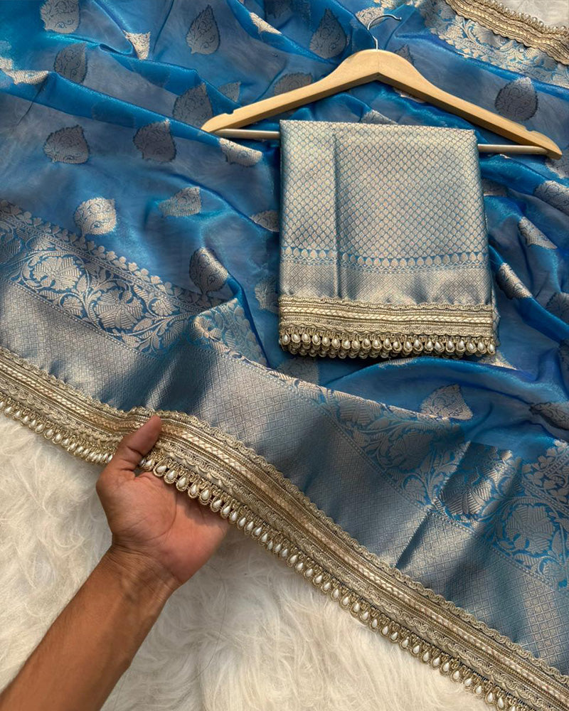 Sky Color Banarasi Tissue Gold Zari Weaving Saree