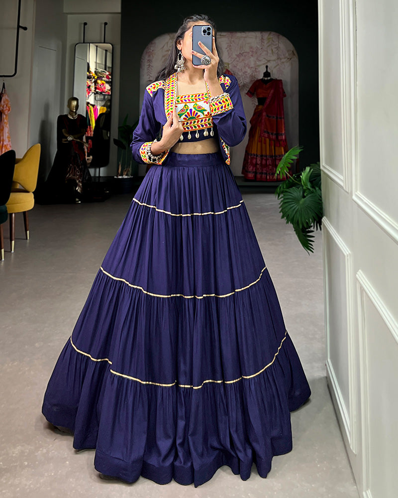 Navy Blue Color Pure Rayon Gamthi Navratri Lehenga Choli