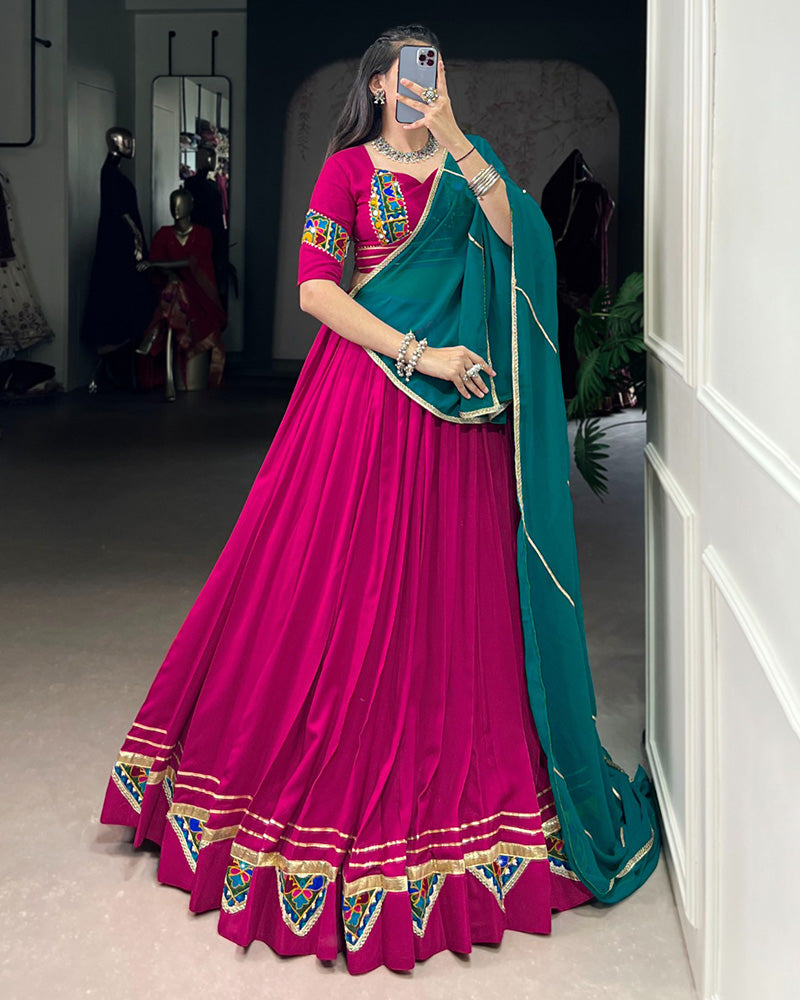 Elegant Pink Color Rayon Lehenga Choli With Colorful Gamthi Patch
