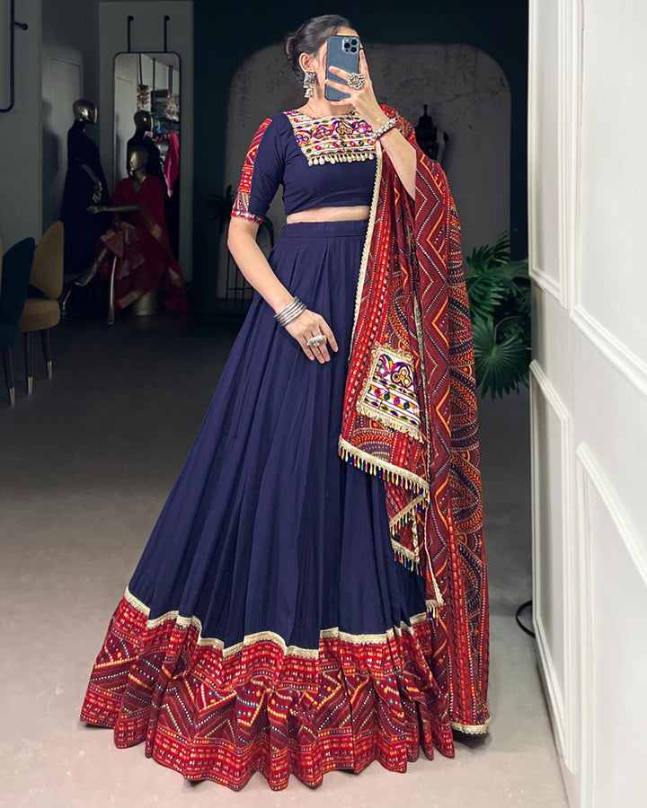 Navy Blue Color Pure Rayon Bandhej Print Navratri Lehenga Choli