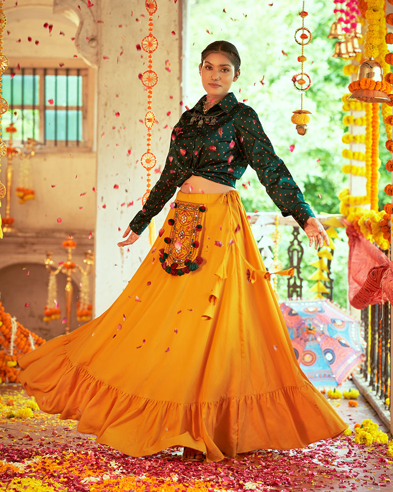 Green And Mustard Yellow Color Cotton Printed Fully Stitched Navratri Lehenga Choli