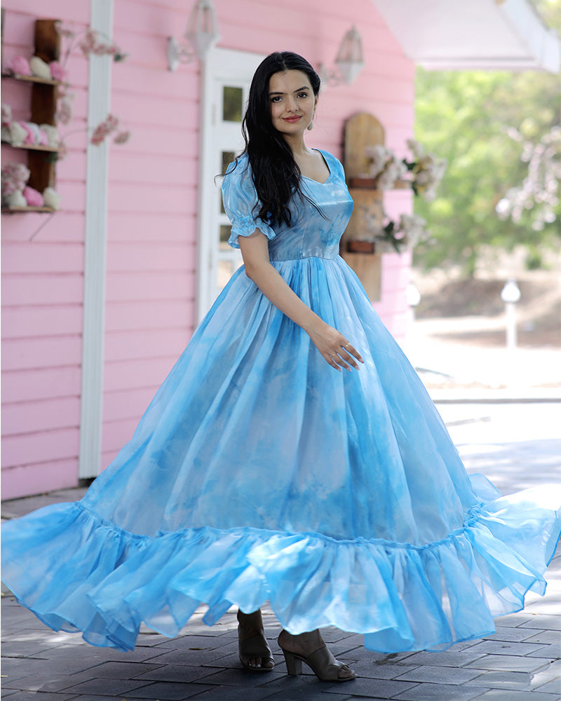 Sky Blue Color Organza Silk Anarkali Gown