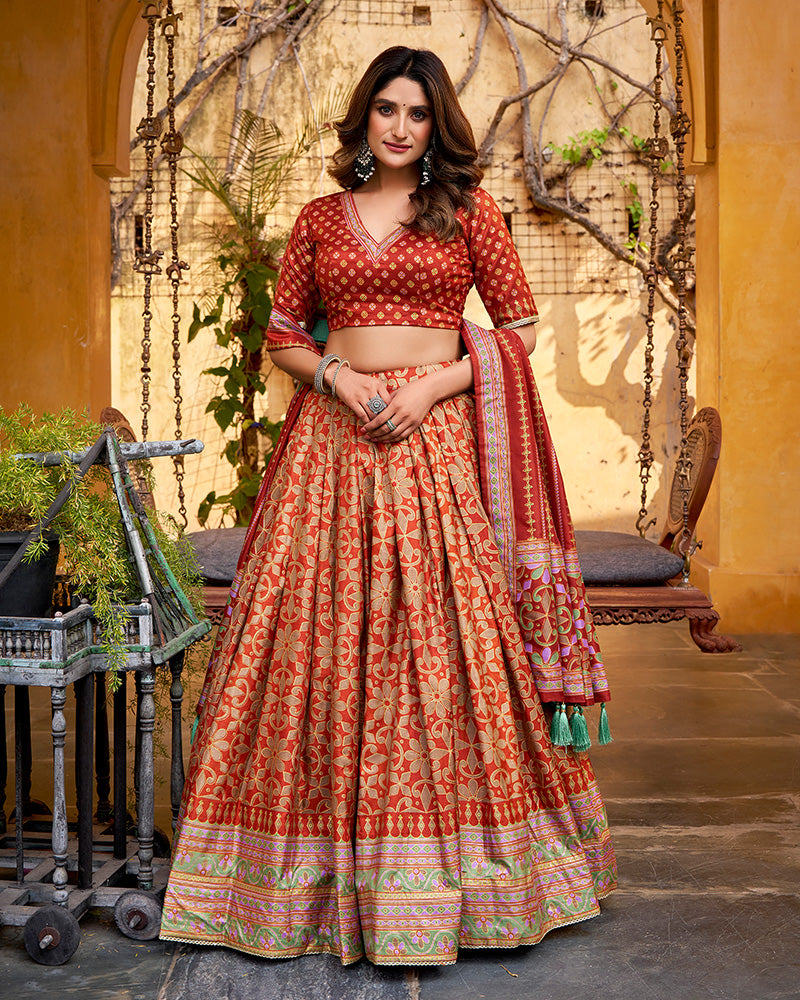 Rust Orange Color Tasar Silk Sparkle Lehenga Choli