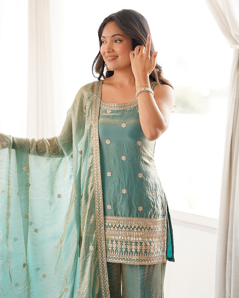 Sea Green Color Fendi Silk Embroidered Plazzo Suit