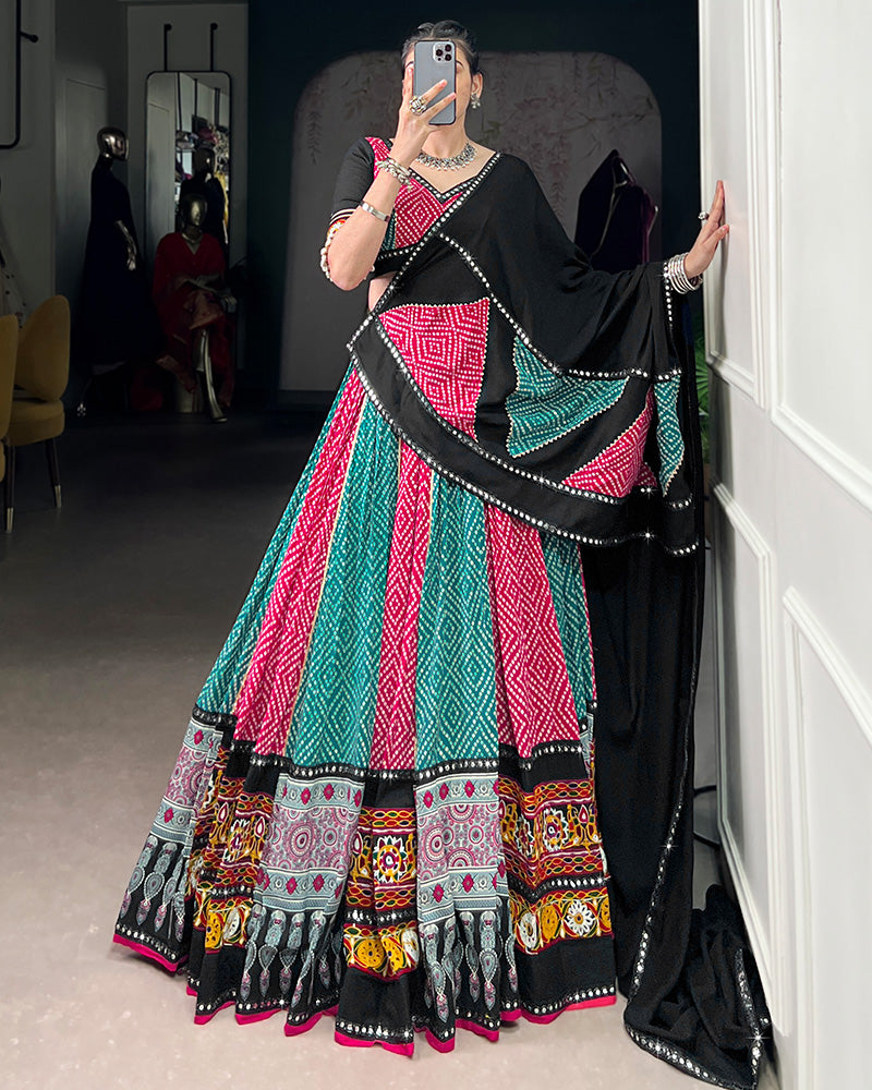 Sky And Pink Bandhej And Ajarakh Print Rayon Navratri Lehenga Choli