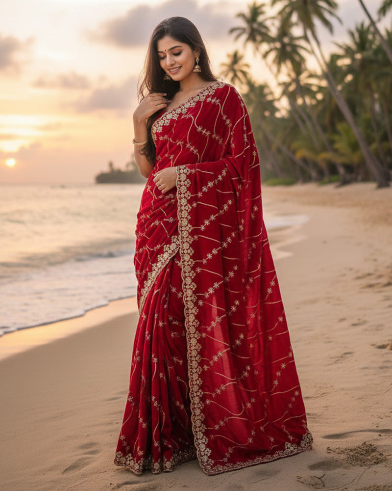 Purple Color Space Silk Embroidered Saree