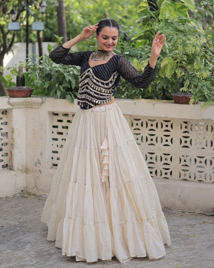 Black Color Laheriya Print Kurti With Kora Cotton Lehenga