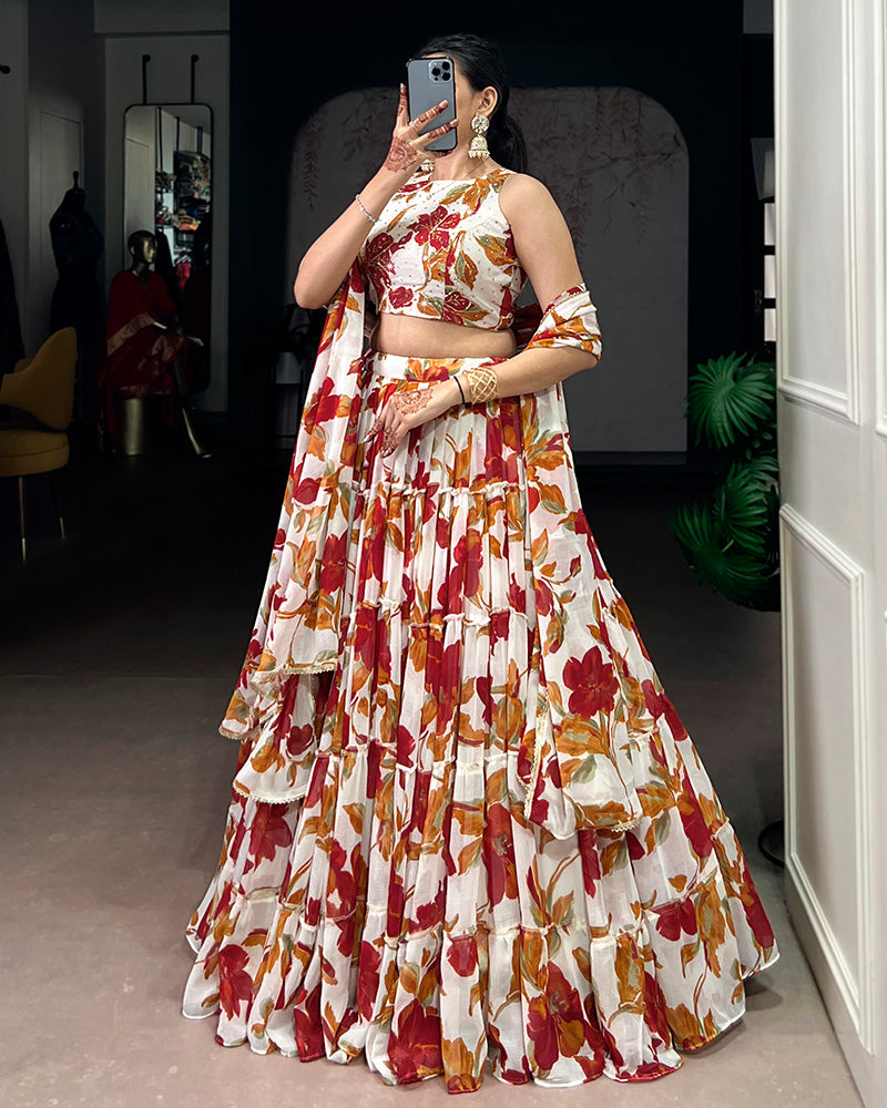 White Color Marble Floral Printed Lehenga Choli