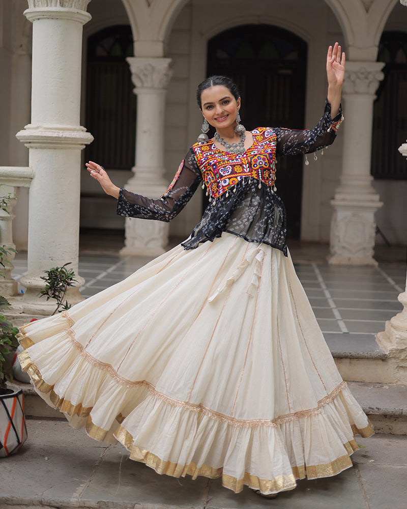 Vibrant Gamthi Work Black Kediya With Off-White Traditional Lehenga