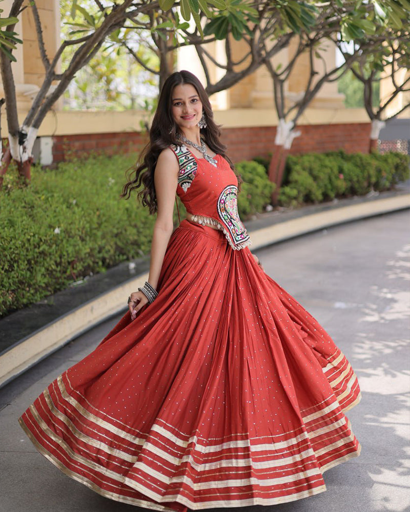 Six Color Rayon Mukesh-work With Patti Lace Navratri Lehenga Set
