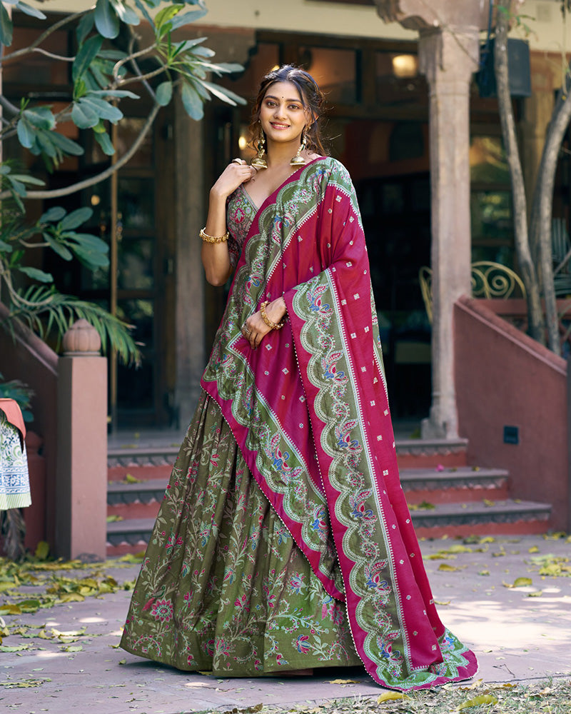 Bottle Green Color Tasar Silk Foil Printed Lehenga Choli