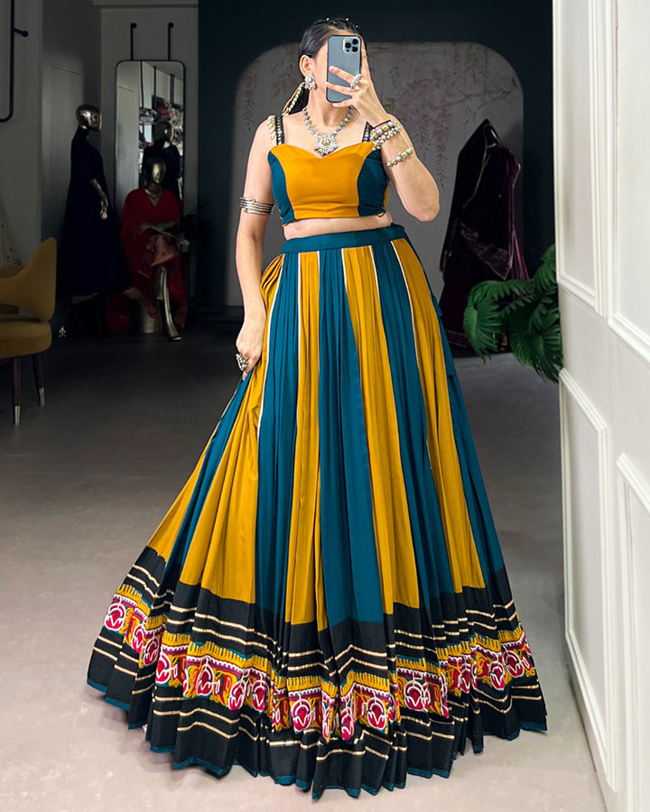 Mustard Color Pure Rayon Navratri Lehenga With Black Choli