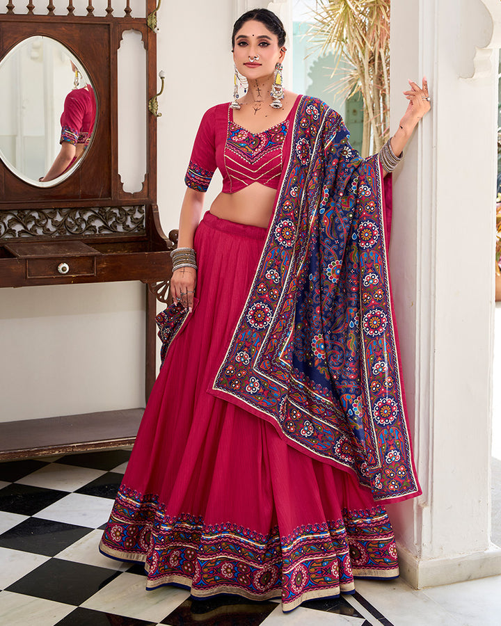 Pink Color Tussar Silk Full Stitched Navratri Lehenga Choli