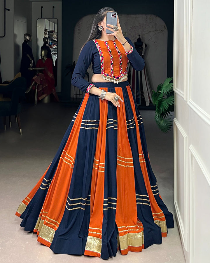 Navy Blue-Orange Color Pure Rayon Navratri Lehenga Choli