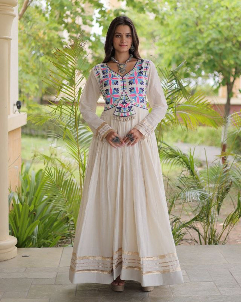 Two Color Elegant Kora Cotton with Multi Thread Embroidered Navratri Gown