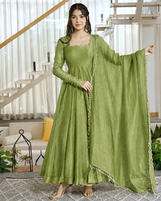 Mehendi Color Salsa Silk Anarkali Suit