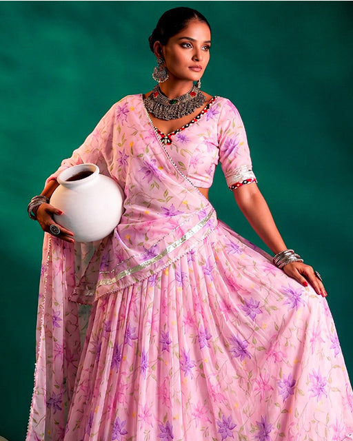 Pink Color Floral Tabby Silk Navratri Lehenga Choli