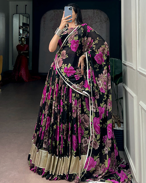 Rani Pink Color Floral Print Georgette Navratri Lehenga Choli