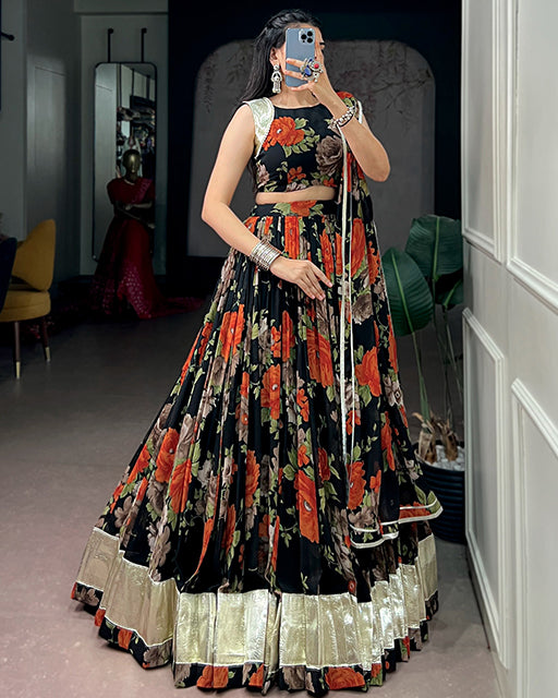 Orange Color Floral Print Georgette Navratri Lehenga Choli