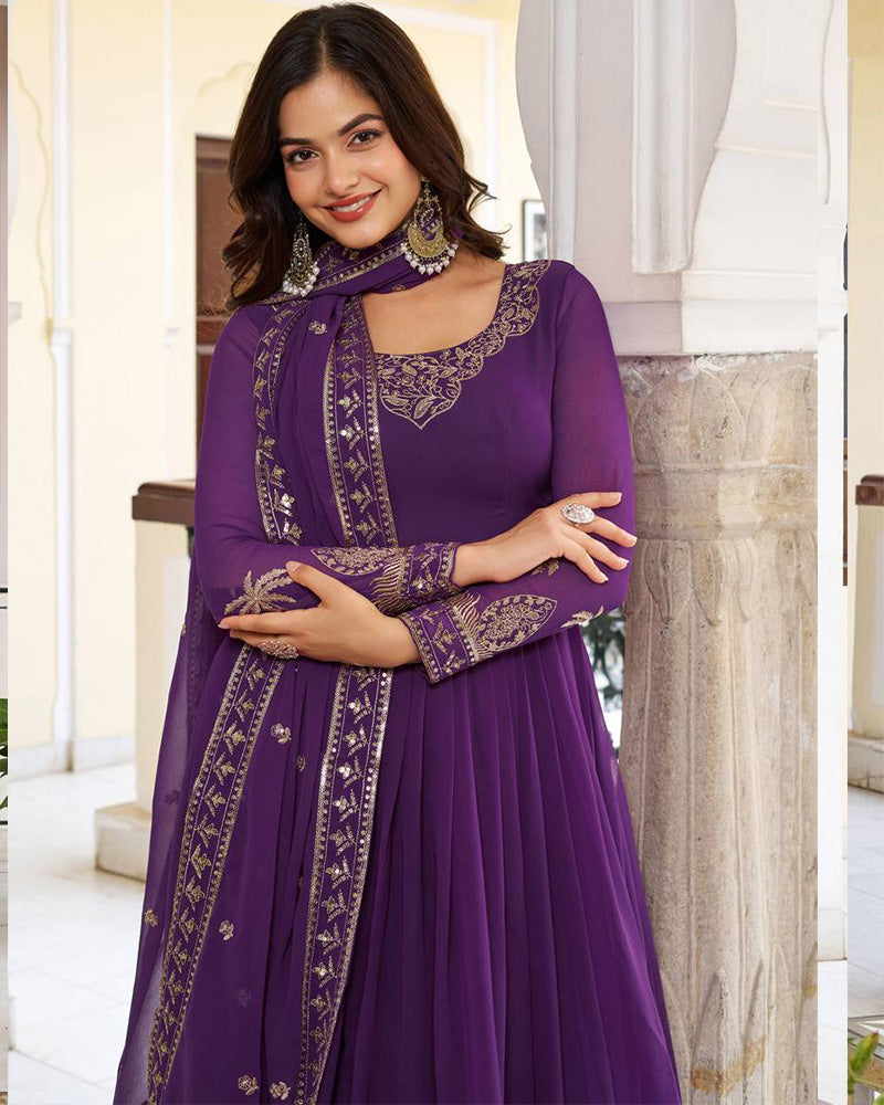 Royal Purple Color Georgette Sequence Embroidered Gown