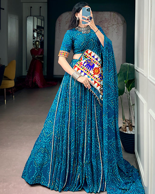 Designer Blue Color Georgette Bandhani Print Navratri Lehenga Choli