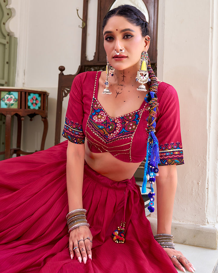 Pink Color Tussar Silk Full Stitched Navratri Lehenga Choli