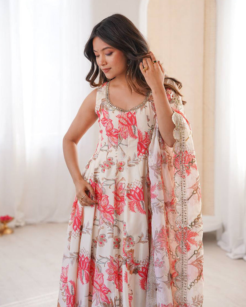 Off-White Color Pure Muslin Cotton Three Piece Anarkali Suit